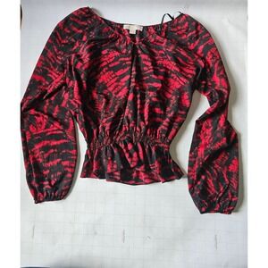 Michael Michael Kors Blouse Medium Red Black Abstract Long Sleeve Smocked Waist